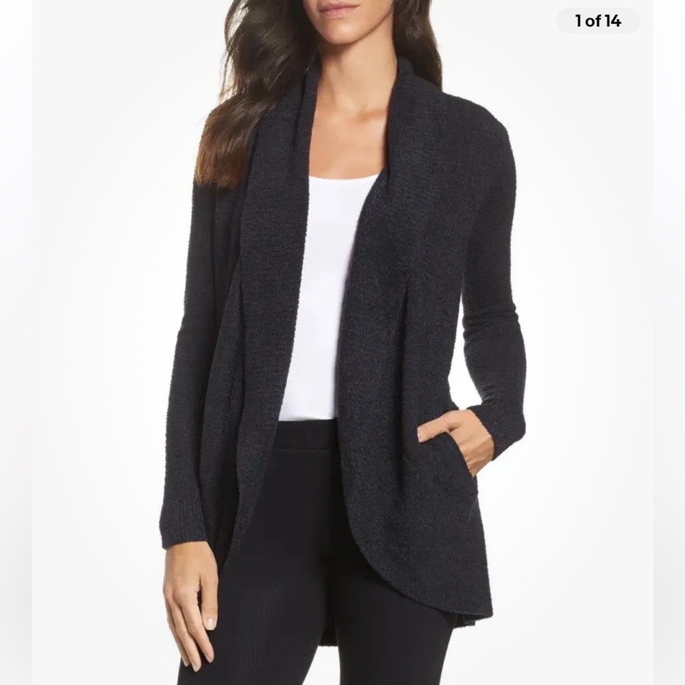 Barefoot Dreams Cozy Chic Lite Knit Hooded Black‎ Cardigan Sz XS/S